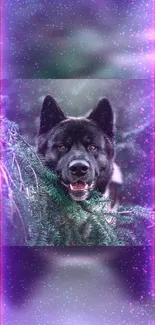 Dog with neon sparkles and green foliage background, mystical aesthetics.