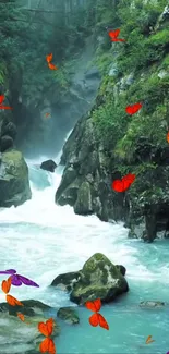 Canyon with river and butterflies in a lush green landscape.