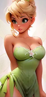 Enchanting fairy in a green dress with wings, cartoon art.