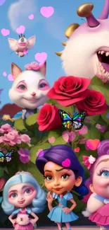 Cartoon characters in a colorful fantasy world with flowers and butterflies.