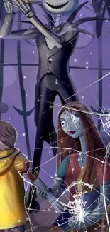 Cartoon scene with skeleton, blue-skinned character, and child.