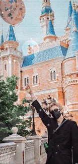 Man holding balloon in front of castle with blue rooftops.