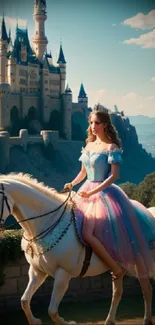 Princess on a white horse in front of a majestic castle under blue sky.