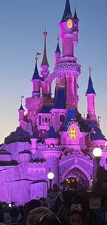 Illuminated fairy-tale castle against evening sky.