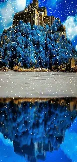 Enchanting castle with blue reflection and snowflakes under a cloudy sky.