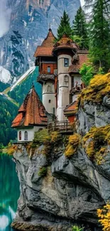 Enchanting castle by a mountain lake with lush greenery.