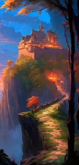 Enchanting castle on a cliff at sunset with vibrant blue sky.