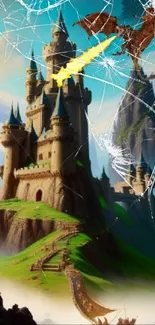 Fantasy castle under dragon attack amidst scenic mountains.