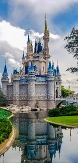 Mobile wallpaper of a magical castle with reflection on a serene lake.