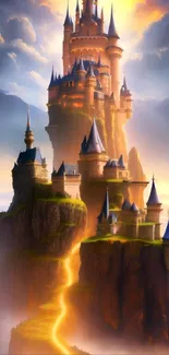 Fantasy castle on cliff with sunlight and clouds in a magical setting.