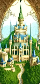 Fantasy castle with blue towers in a lush, green forest setting.