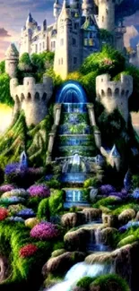 Fantasy art of a castle with waterfalls and greenery.