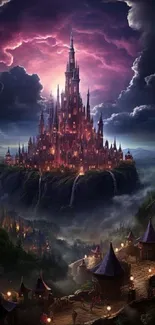 Fantasy castle under a vibrant purple sky, creating an enchanting and mystical scene.