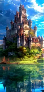 Fantasy castle with blue sky and water reflection wallpaper.