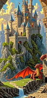 Fantasy castle with red dragon at entrance.