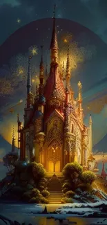 Fantasy castle with a magical nightscape in digital artwork.