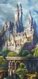 Fantasy castle with towers and lush landscape.