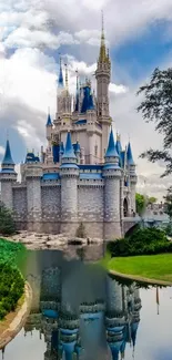 Enchanting castle with blue towers reflected in tranquil waters.