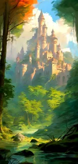 Fantasy castle amidst lush green forest with artistic flair.