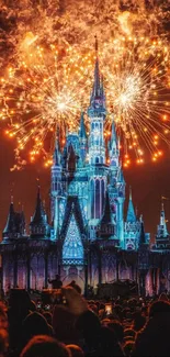 Castle illuminated by fireworks in a magical night setting.