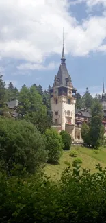 Scenic view of a castle surrounded by lush green forest and clear blue skies.