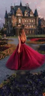 Woman in red dress walking in a magical castle garden.