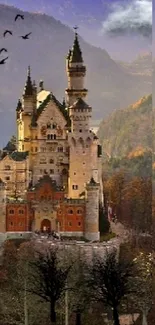 A mystical castle surrounded by autumnal forest and mountains.