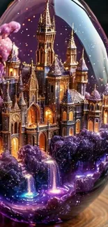 Mystical castle within a glass sphere, surrounded by purple clouds and waterfalls.