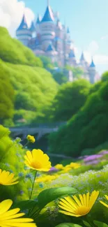 Beautiful castle surrounded by yellow daisies and lush greenery.