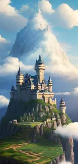 Majestic castle floating among clouds in fantasy setting.