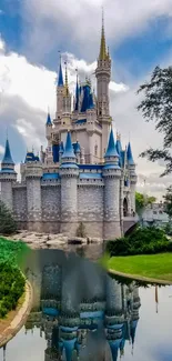 Enchanting castle with reflection in a serene lake, set under a blue sky.