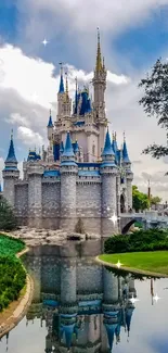 Fairy tale castle with blue spires reflecting in water.