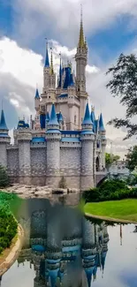 Magical castle with blue towers and reflection in serene water.