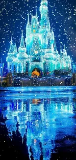 Magical blue castle illuminated at night with reflection on water surface.