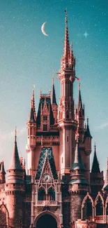 A majestic castle under a starry twilight sky with a crescent moon.