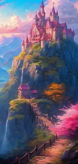 Fantasy castle on a hill with vibrant colors and dramatic sky backdrop.