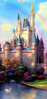 Fantasy castle with rainbow over scenic landscape and pond.