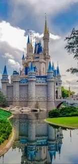 Fairy tale castle reflected in calm water under a blue sky.