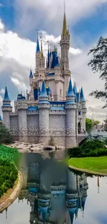 Fairytale castle reflecting on tranquil pond, surrounded by lush greenery.