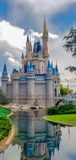 Fairytale castle reflected in a tranquil lake under a vibrant blue sky.