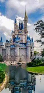 A majestic castle reflecting in calm water under a vibrant blue sky.