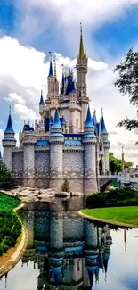 Majestic castle with a watery reflection under a vibrant blue sky.