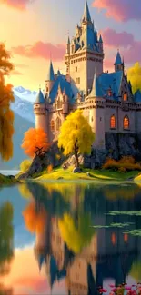 Majestic castle with autumn reflection in a serene lake landscape.