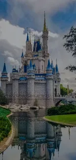 Enchanting fairy-tale castle reflected in a tranquil moat under a blue sky.