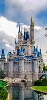 Enchanting castle with moat reflection and lush greenery.