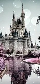 Castle reflected in calm water surrounded by purple trees.