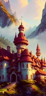 Fairytale castle amidst mountains under a vibrant sky.