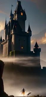 Silhouette of a castle at dawn with mystical atmosphere.