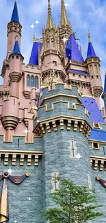 Majestic castle with blue and pink towers against a cloudy sky.