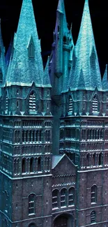 Snow-covered gothic castle in winter night.